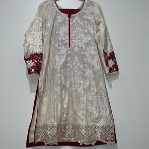 Fancy 3pc Salwar Kameez beige ivory and maroon